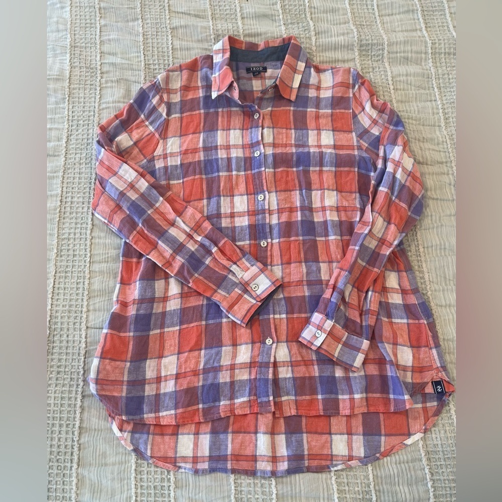 Izod Women’s Large Salmon Purple White Plaid Linen Blend Button Up Shirt